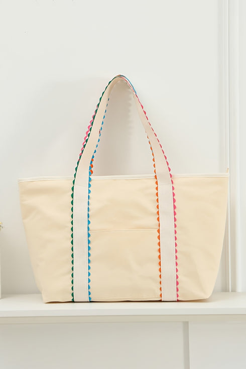 White Colorful Ricrac Detail Canvas Tote Bag
