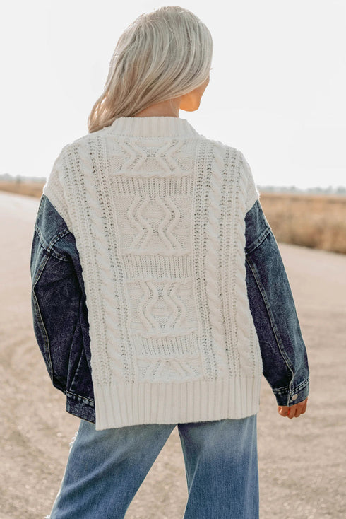 Beige Chunky Knit Denim Patchwork Cardigan Sweater