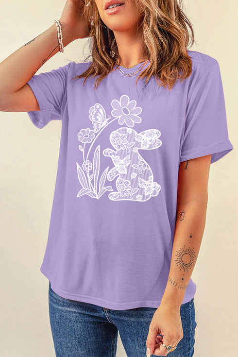 Wisteria DTG Printed Imitate Lace Flower Rabbit T Shirt