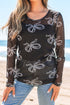 Black Round Neck Bow Print Long Sleeve Mesh Top