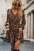 Brown Ditsy Floral Print Split Neck Long Sleeve Shirred Waist Flared Mini Dress