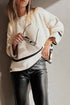 Beige Ribbed Knit Contrasted Stripe Detail Button Side Loose Sweater