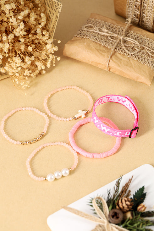 Pink WWJD Faith Prompt Mix Beading 5pcs Bracelet Set