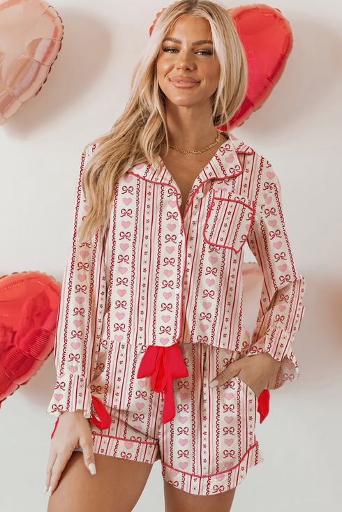 Red Romantic Bow Heart Print Contrast Ribbon Knot Short 2pcs Pajama Set
