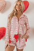 Red Romantic Bow Heart Print Contrast Ribbon Knot Short 2pcs Pajama Set