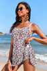Brown Floral Print Ricrac Trim Spaghetti Strap One Piece Swim Dress