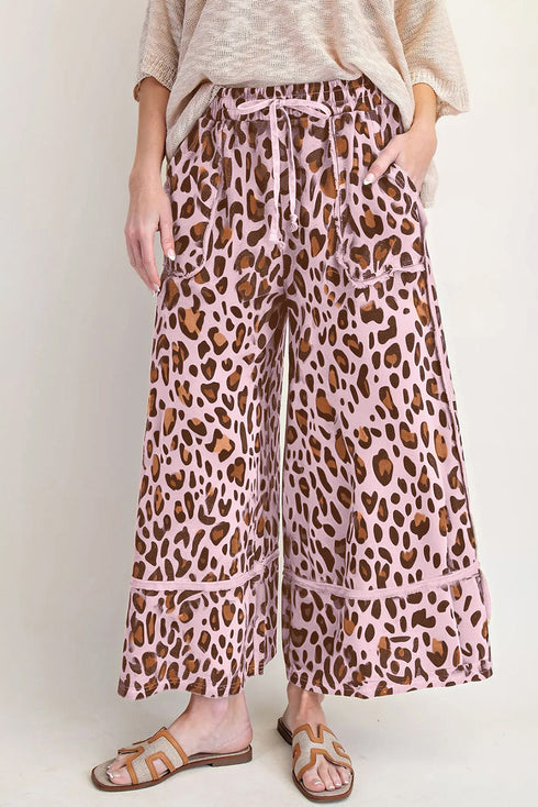 Pink Leopard Wide Leg Cropped Pants
