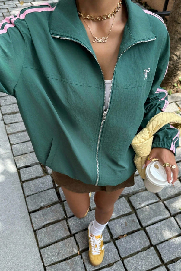 Canton Bow Embroidered Detail Zip Up Sweatshirt Womens Jacket