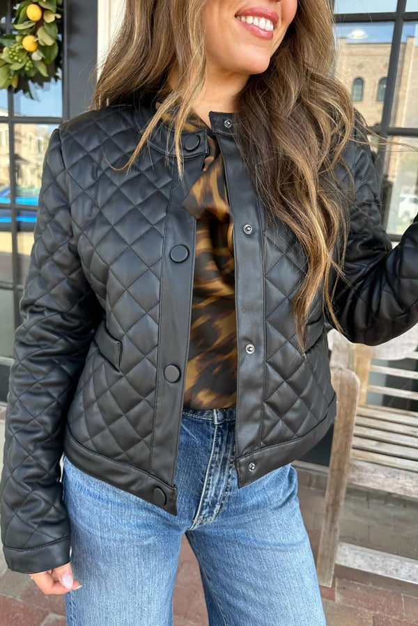 Black Faux Leather Quilted Snap Button Winter Jacket