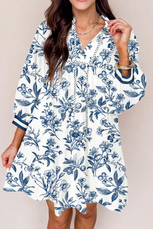 Blue Floral 3/4 Puff Sleeve Babydoll Style Mini Dress