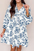 Blue Floral 3/4 Puff Sleeve Babydoll Style Mini Dress