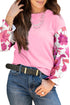 Pink Wild Ginger Contrast Floral Sleeve Solid Ribbed Body Patchwork Long Sleeve Top