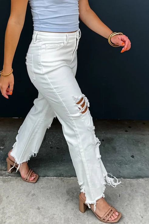 White Asymmetric Distressed Raw Hem Cowgirl Jeans