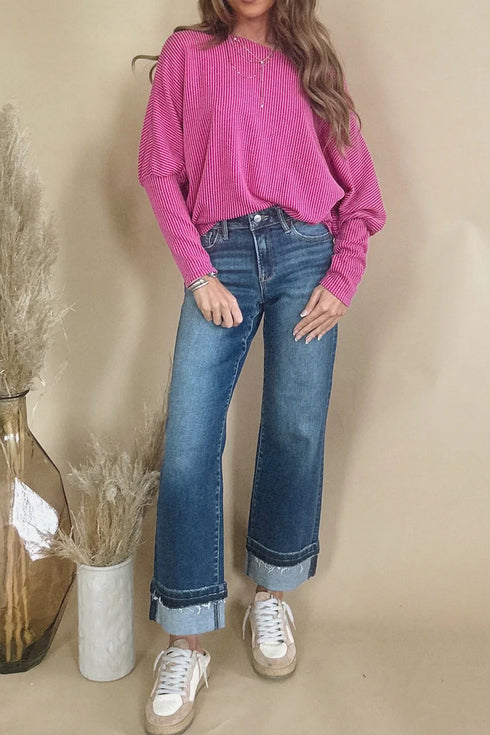 Rose Red Twisted Ribbed Dolman Long Sleeve Top