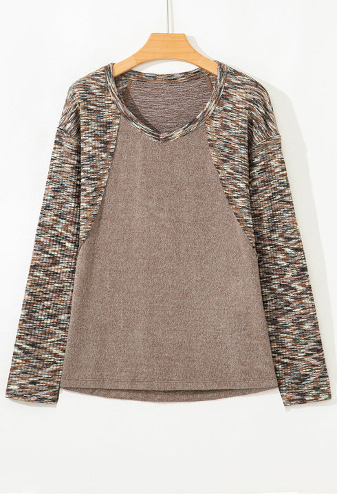 Dark Khaki Contrast Trim V Neck Long Sleeve Patchwork Loose Top