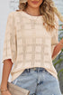 Apricot Plaid Pattern Crochet Knit Short Sleeve Sweater