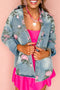 Dusk Blue Floral Print Denim Single Chest Pocket Drop Shoulder Jacket
