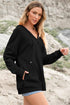 Black Oversize Waffle Drop Shoulder Exposed Seam V Neck Hoodie with Pockets