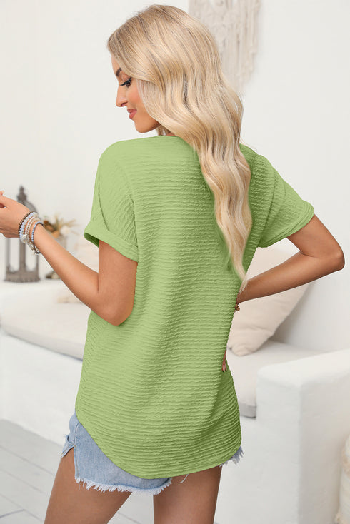 Grass Green Textured Wide Sleeve V Neck T Shirt