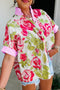 Pink Flower Print Striped Trim Frilled Collar Short Sleeve Shirt