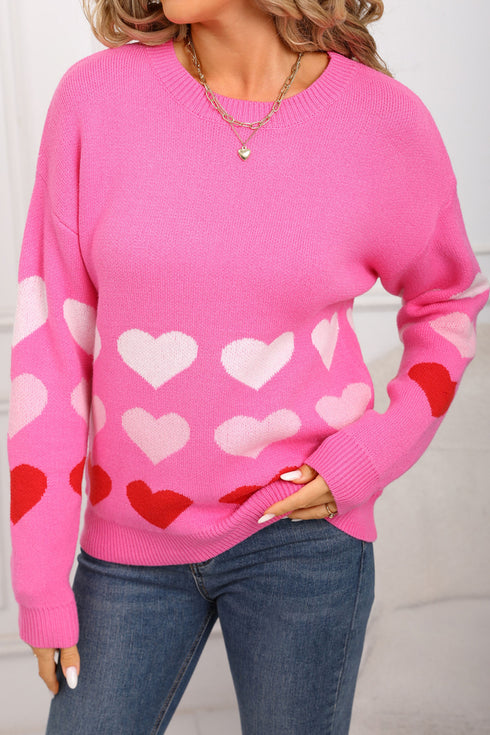 Rose Red Drop Shoulder Romantic Heart Pattern Sweater