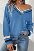 Blue Contrast Striped Trim V Neck Drop Shoulder Sweater