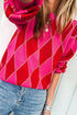 Rose Red Glitter Rhombus Pattern Knit Womens Casual Sweater