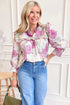Purple Floral Print Striped Ruffle Contrasted Trim 3/4 Sleeve Blouse