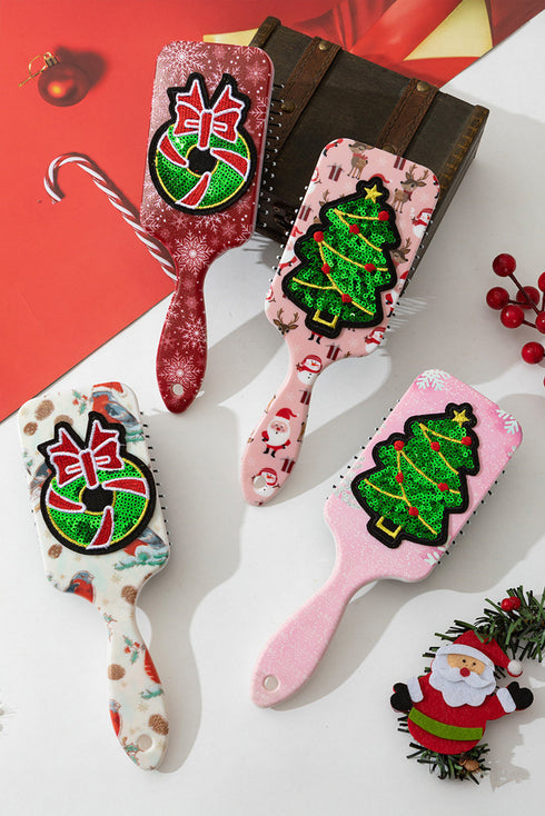 Pink Holiday Fashion Print Sequin Christmas Tree Patched Air Cushion Comb