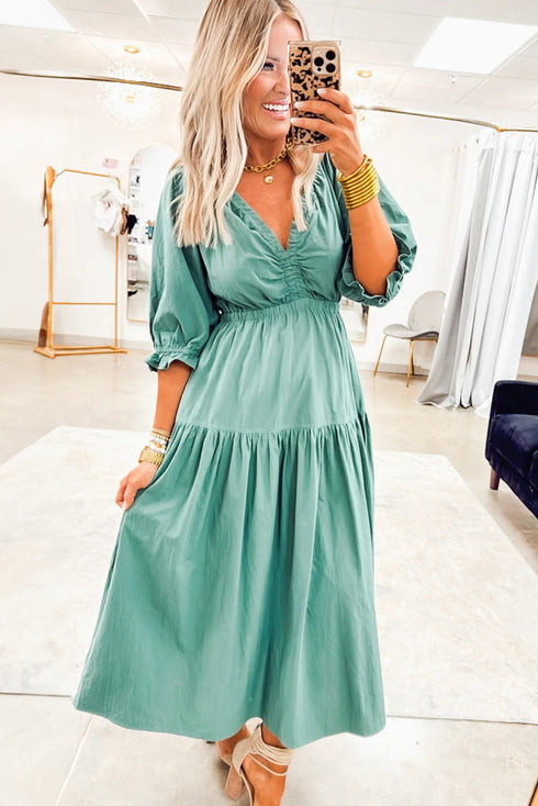 Canton V Neck Frilled Puff Sleeve Cinched Waist Flared Long Dress