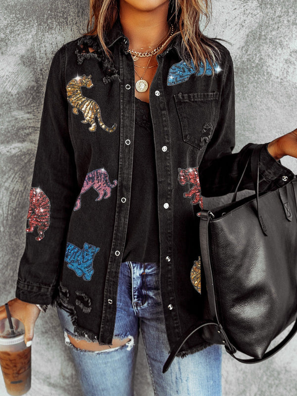 black-sequined-tigers-graphic-raw-hem-frayed-denim-jacket