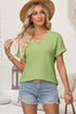 Grass Green Textured Wide Sleeve V Neck T Shirt
