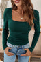 Evergreen Solid Color Long Sleeve Square Neck Slim Top
