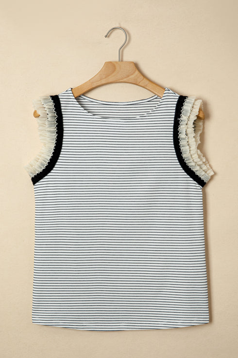 Black Stripe Contrasted Ruffle Trim Casual Tank Top
