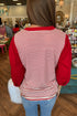 Red Stripe Half Placket V Neck Contrast 3/4 Sleeve Patchwork Top