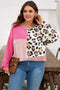 Rose Red Plus Size Twisted Ribbed Color Block Leopard Patchwork Long Sleeve Top