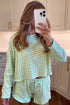 Green Gingham Long Sleeve Loose Top Drawstring Shorts 2pcs Pajama Set