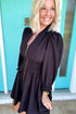 Black Smocked High Waist Long Sleeve V Neck Zip Up Mini Dress