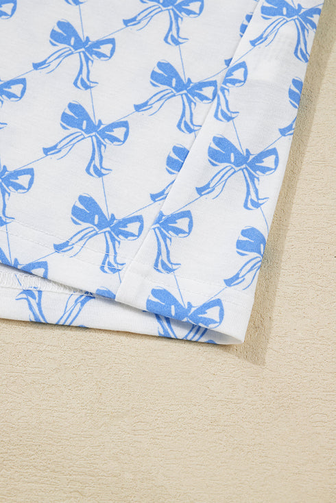 Sky Blue Bow Print Long Sleeve Shirt and Pants Soft Pajama Set