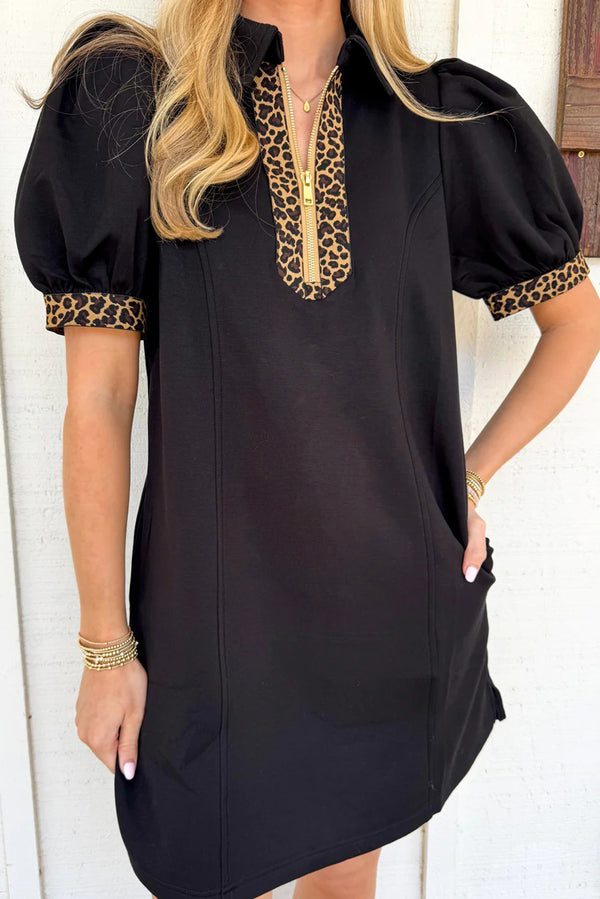 Coffee Leopard Patchwork Zip Collared Short Puff Sleeve Shift Mini Dress