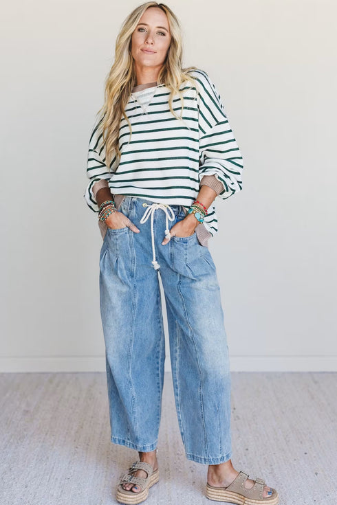 White Stripe Twisted Ribbed Patchwork Drop Shoulder Round Neck Sweatshirt