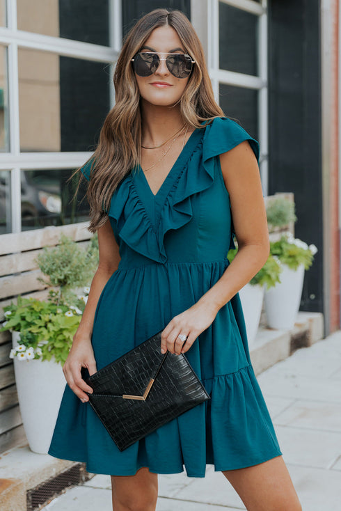 womens-dresses-temperament-pleated-slim-elegant-solid-color-v-neck-midi-dress