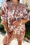 Brown Plus Floral Mixed Print Patchwork Tie Split Neck Half Sleeve Loose Mini Dress