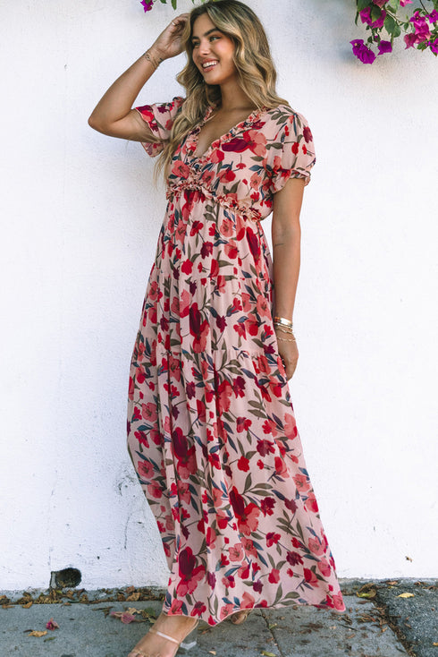 Fiery Red Floral Print Frilled V Neck Short Sleeve Maxi Dress