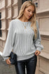 Gray Ribbed Knit Round Neck Long Lantern Sleeve Top
