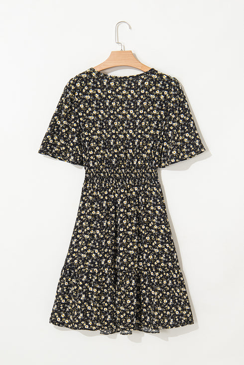Black Floral Print Wrap V Neck Short Sleeve High Waistband Mini Dress