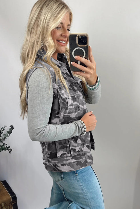 Gray Camo Cargo Denim Vest