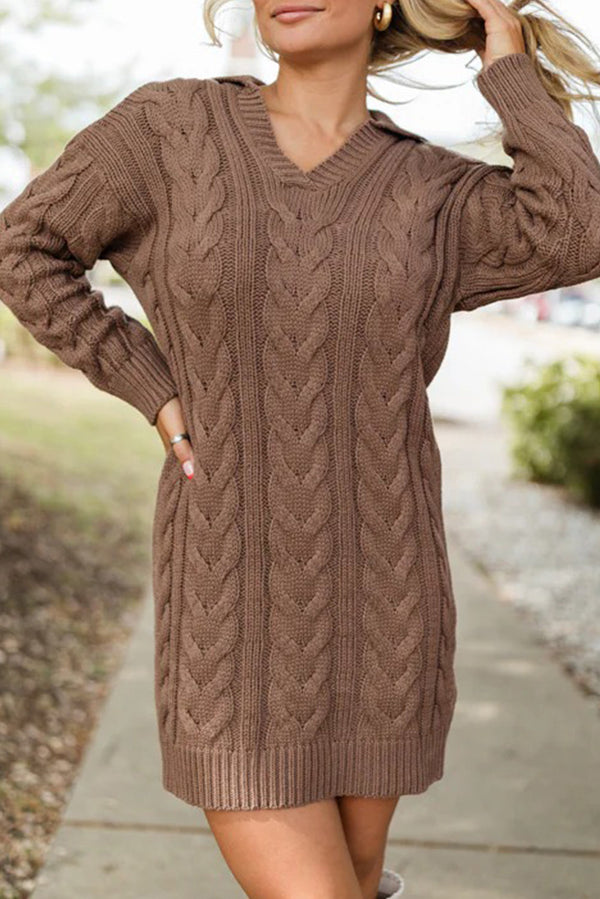 Dark Khaki Ribbed V Neck Cable Knit Mini Sweater Dress
