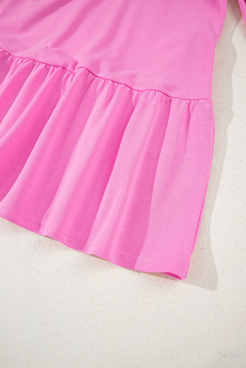 Pink Contrast Striped Collar Patchwork Puff Sleeve Ruffle Hem Mini Dress