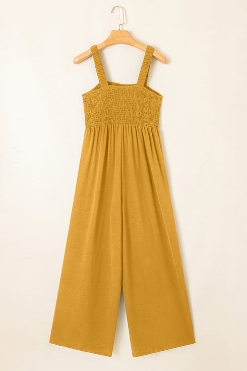 Ginger Smocked Sleeveless Wide Leg Jumpsuit with Pockets